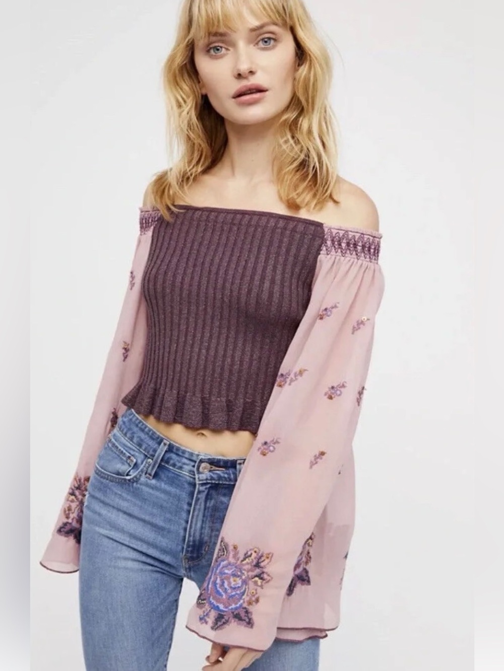 Free People Breaking Dawn Off-Shoulder Ribbed Crop Sweater purple Small